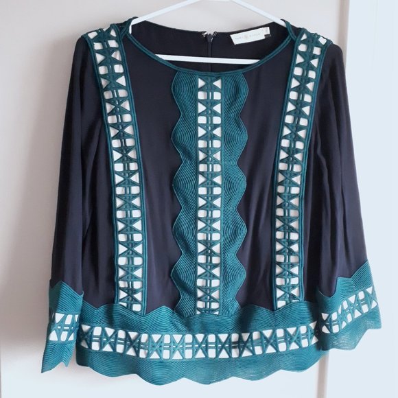 Tory Burch Navy Blue Green and White Silk Blouse - Picture 4 of 14